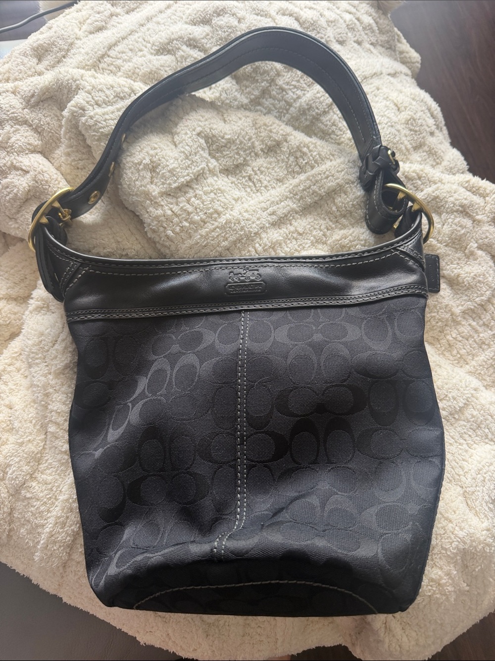 Coach Black Signature Canvas Shoulder Bag with Leather Trim